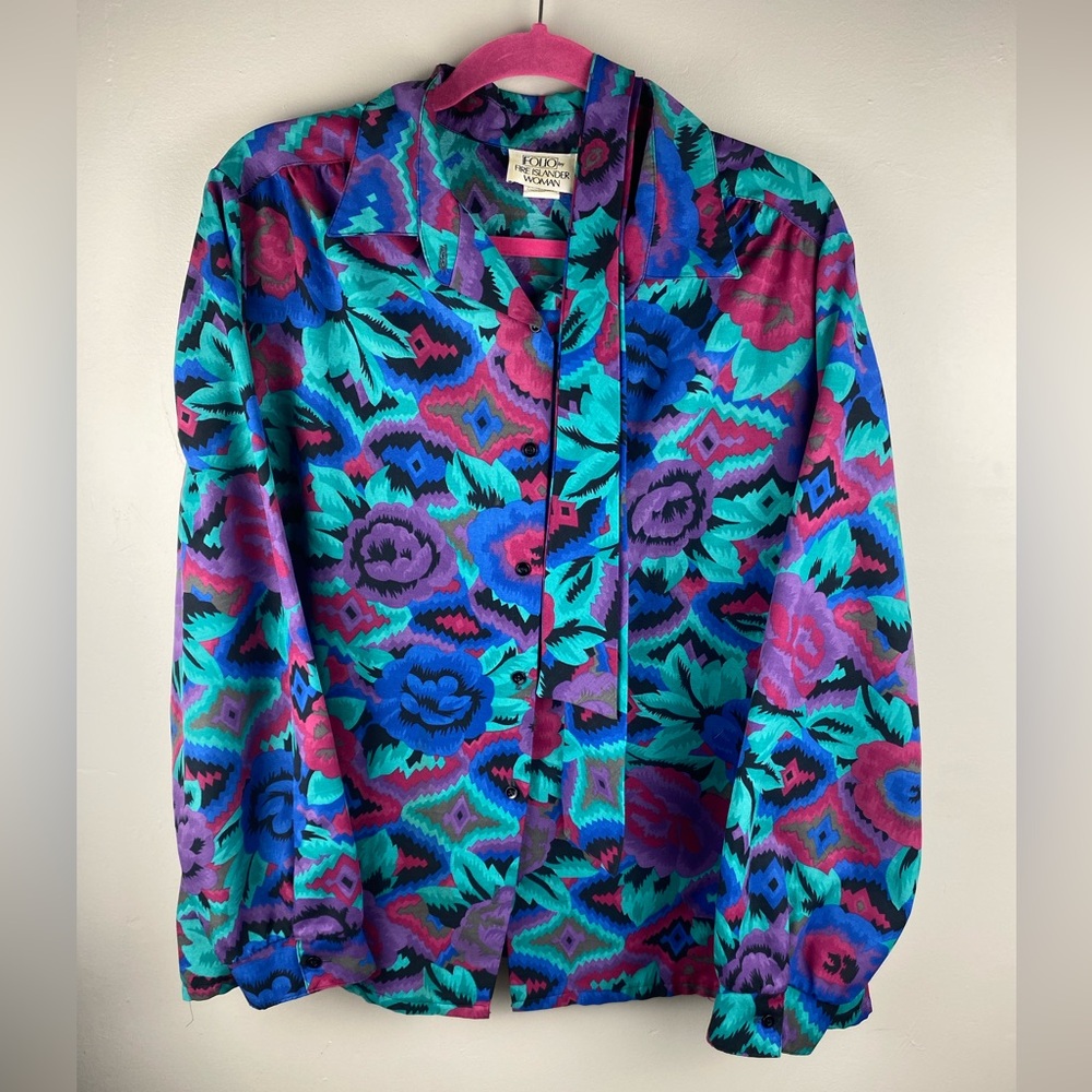 Vintage Colorful Floral Button Down Shirt Size 44 XL